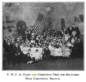 Photo of English classes held for Spaniards at the YMCA in collaboration with the Carondelet branch of the St. Louis Public Library, c. 1916.